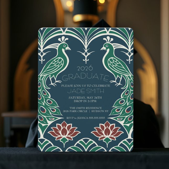 Invitation Élégant Peacock & Lotus Classy Art Déco (Art deco graduation invitation with elegant peacock and lotus design, in dark rich blue green & red)