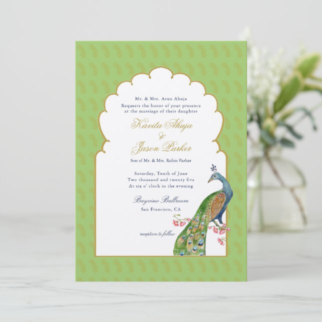 Invitation Élégant Peacock mariage indien Mint Green (Debout devant)