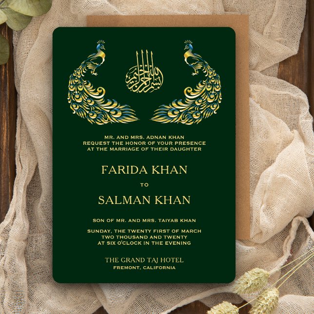 Invitation Élégant Peacock Vert et Or Mariage islamique (Créateur téléchargé)