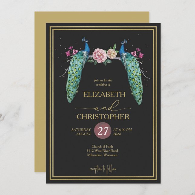 Invitation Élégant Peacocks romantiques en Love Mariage (Devant / Derrière)