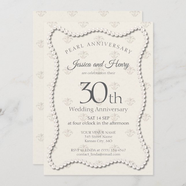 Invitation Elegant Pearl 30e anniversaire mariage damask (Devant / Derrière)
