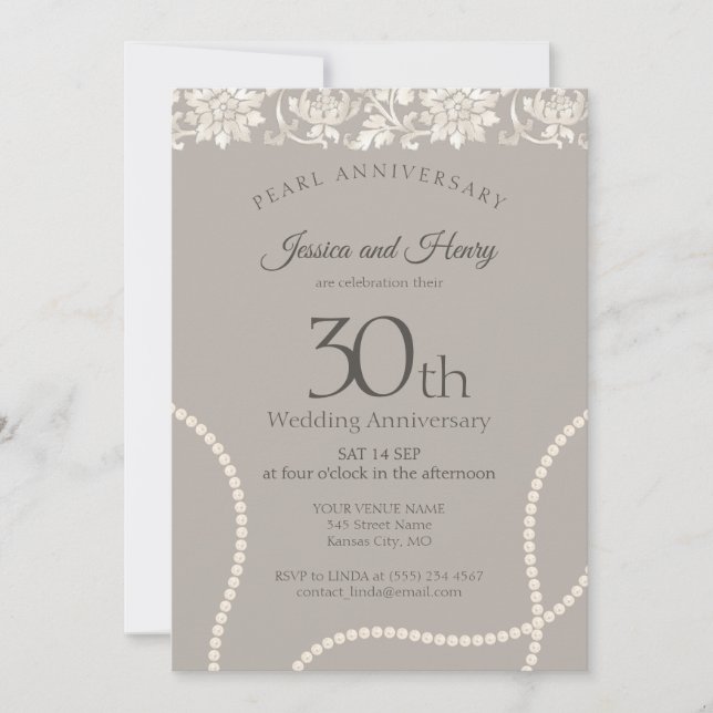 Invitation Elegant Pearl 30e anniversaire mariage taupe (Devant)