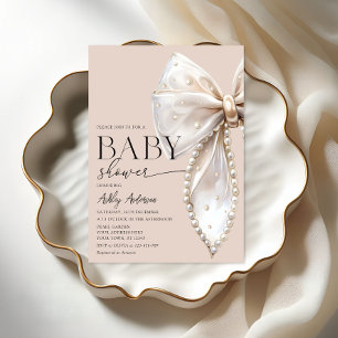Invitation Elégant Pearl Bow Beige Baby shower neutre