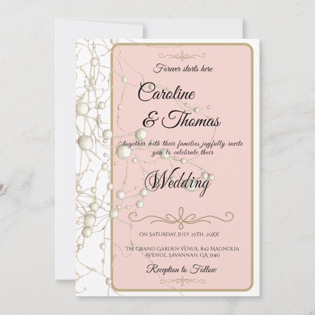 Invitation Elégant Pearl Gold Script Mariage Perles romantiqu (Devant)