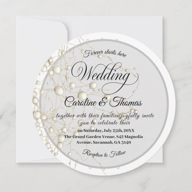 Invitation Elegant Pearl Gold Script Wedding Romantic Pearls (Devant)
