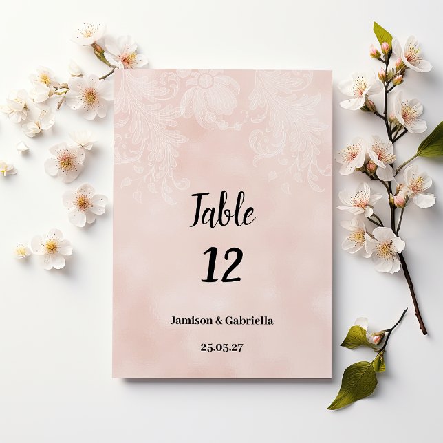 Invitation Elégant pêche blanc dentelle de fleur Numéros de t (Elegant peach white flower lace Table Numbers)