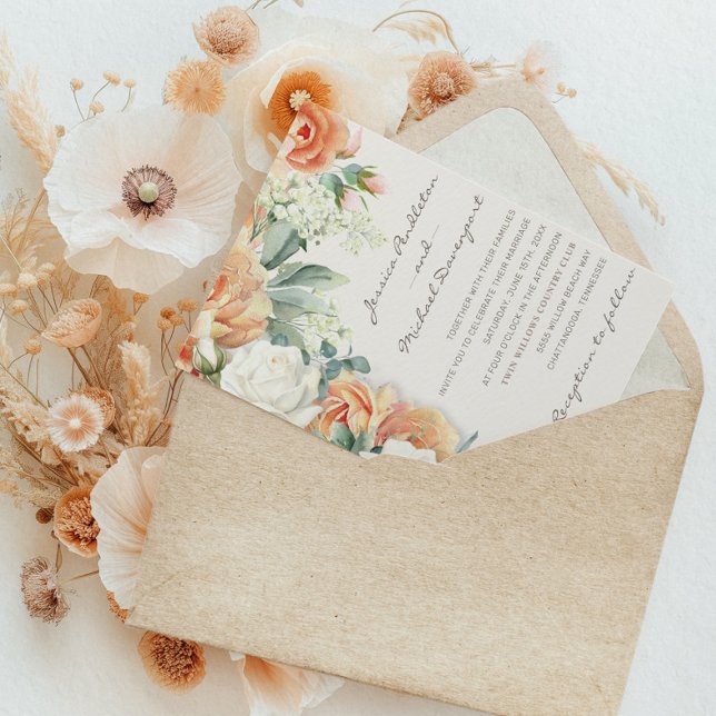 Invitation Elégant Pêche blanc Floral Eucalyptus Mariage (Elegant peach and cream-colored watercolor floral wedding invitation)