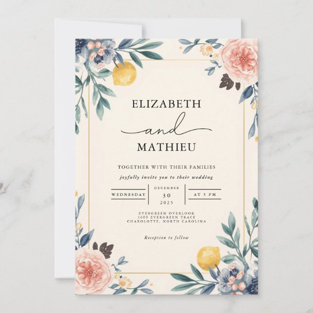 Invitation Élégant Pêche Bleu Botanique Mariage Floral (Devant)
