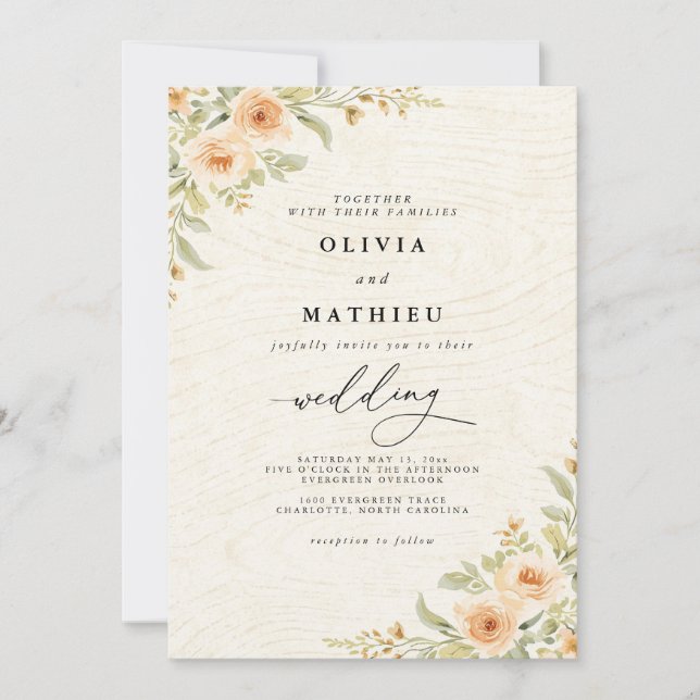 Invitation Élégant Pêche Botanique Floral Mariage (Devant)
