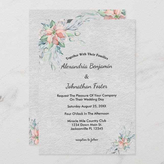 Invitation Elégant Pêche Coral Fleurs Bouquet Mariage (Devant / Derrière)