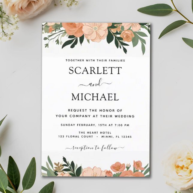 Invitation Élégant Pêche Florale Mariage d'été (Créateur téléchargé)