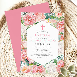 Invitation Élégant Peine rose Design floral Baptême