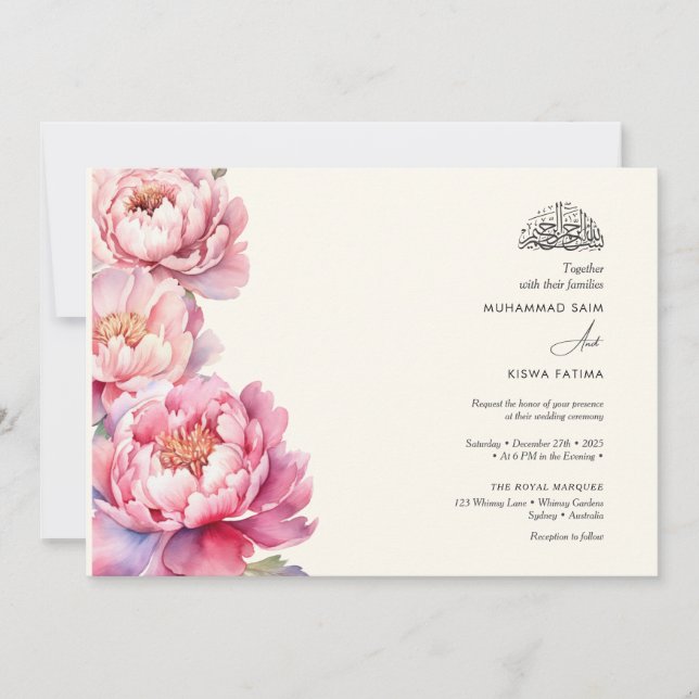 Invitation Elégant Peonies floral musulman Nikah islamique (Devant)
