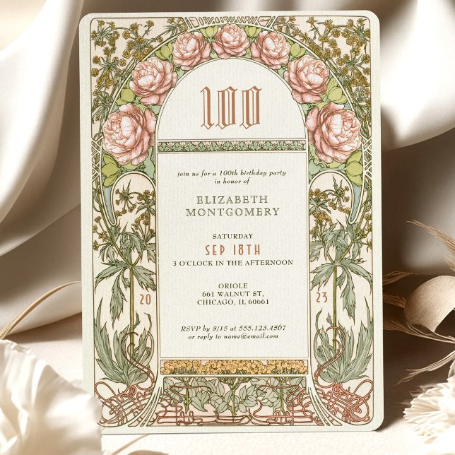 Invitation Elégant Peony 100 Célébration Art Nouveau Mucha (Créateur téléchargé)