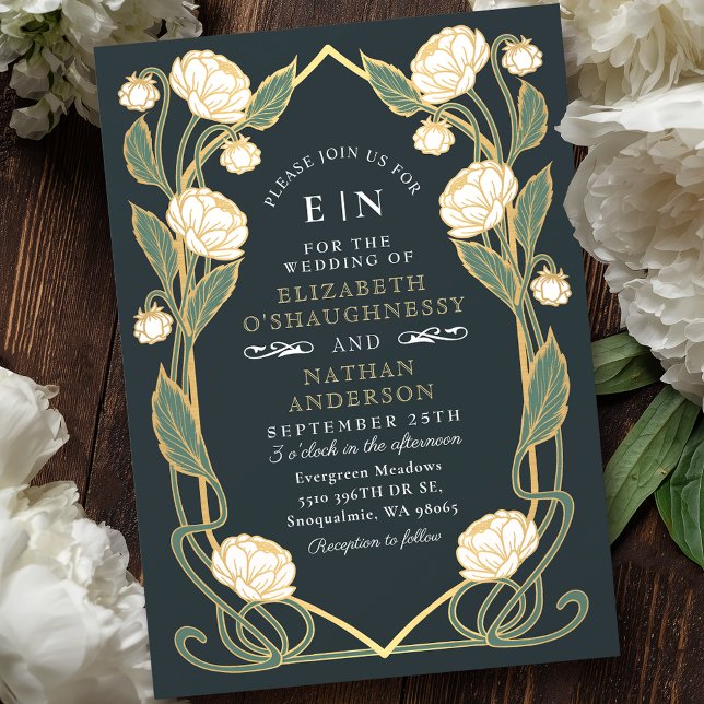Invitation Elégant Peony blanc Art Nouveau Floral Mariage (Créateur téléchargé)