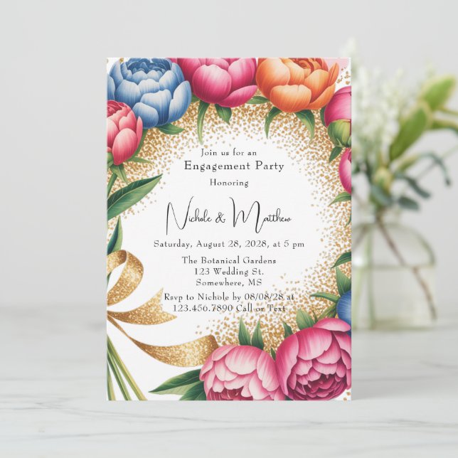 Invitation Elegant Peony Bouquet Parties scintillant (Debout devant)
