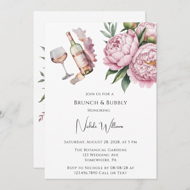 Invitation Elegant Peony Brunch Floral & Bubbly (Devant / Derrière)