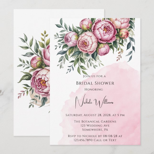 Invitation Elegant Peony Brunch Floral & Bubbly (Devant / Derrière)