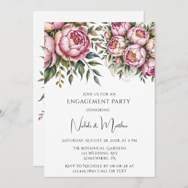 Invitation Elégant Peony Floral Arrangement Partie d'engageme (Devant / Derrière)