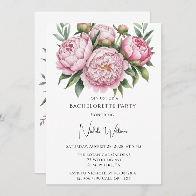 Invitation Élégant Peony Floral Bachelorette Party (Devant / Derrière)