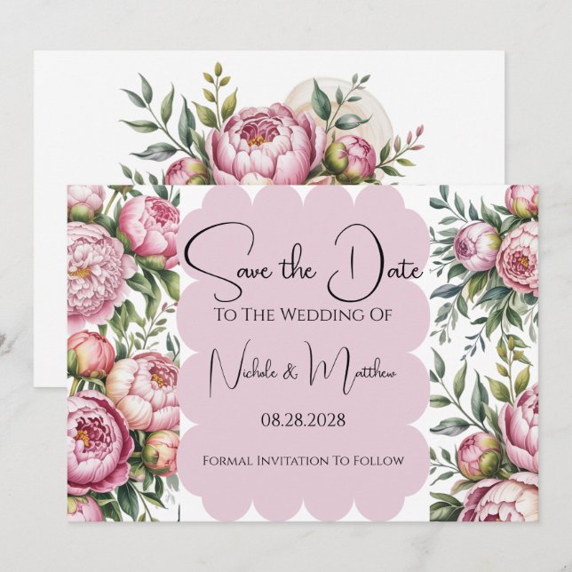 Invitation Elegant Peony Floral Wedding Enregistrer la date (Devant / Derrière)