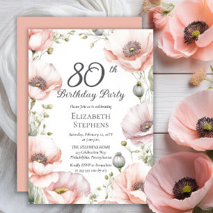 Invitation Elégant Peps Rose Floral 80e fête d'anniversaire