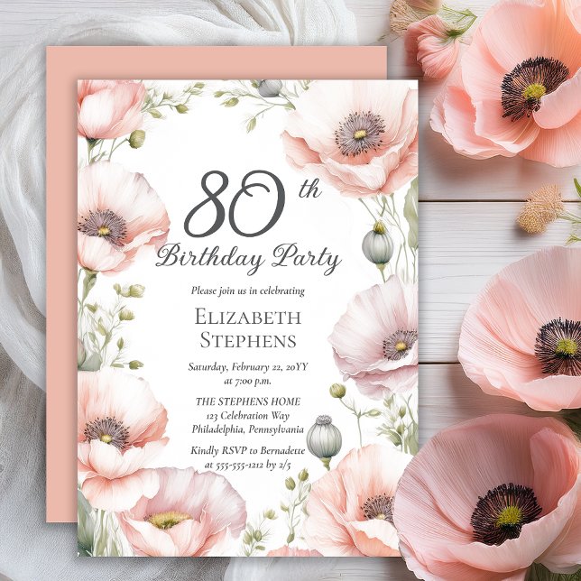 Invitation Elégant Peps Rose Floral 80e fête d'anniversaire (Boho Elegant Pale Pink Poppies Floral 80th Birthday Party Invitation - Print | Digital Download)