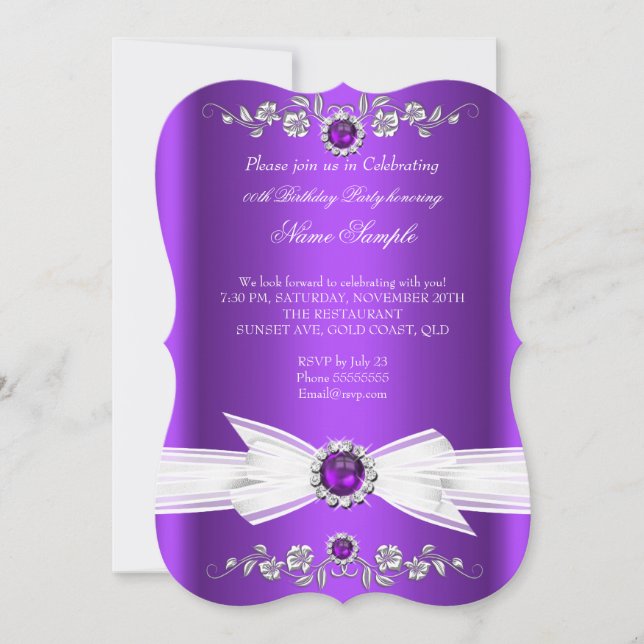 Invitation Élégant Perle Blanche Violette Bijou Nœud Annivers (Devant)