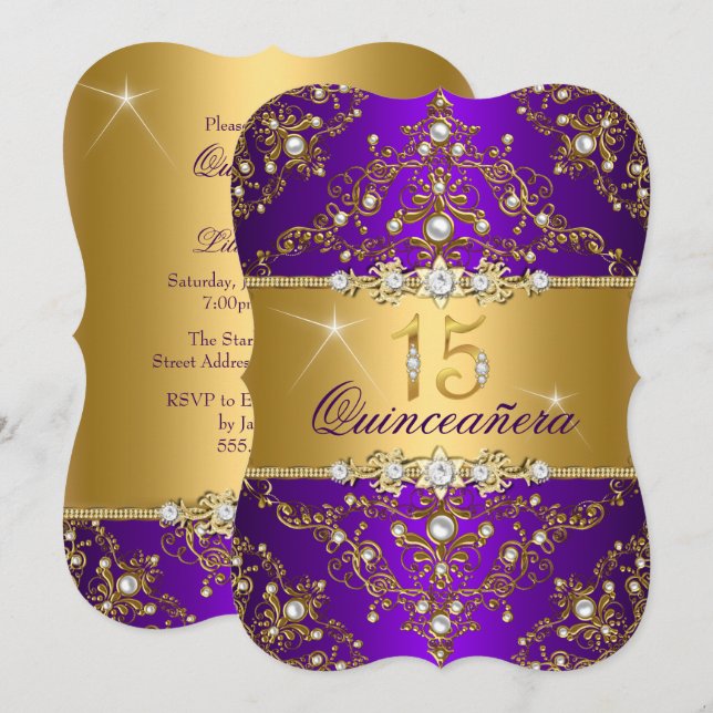 Invitation Élégant Perle Damassé Violet Quinceanera (Devant / Derrière)