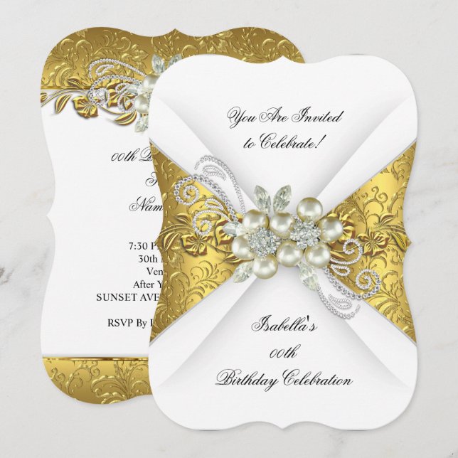 Invitation Élégant Perle Diamant Blanc Or Jaune Anniversaire (Devant / Derrière)