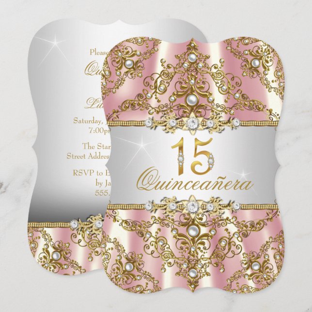 Invitation Élégant Perle Rose Or Damassé Quinceanera (Devant / Derrière)