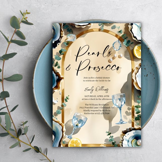 Invitation Elégant Perles & Prosecco Enterrement de Vie de Je (Pearls & Prosecco Bridal Shower – Oyster, Bubbly Glasses, Luxe Arch, Personalized)