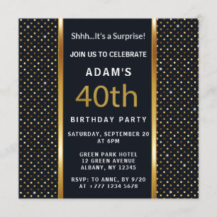 Invitation Elégant Personnalisé 40e Anniversaire Or et Noir