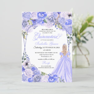 Invitation Élégant Pervent bleu Quinceanera Floral