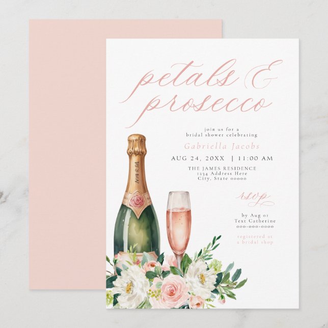 Invitation Élégant Pétales et Fête des mariées Prosecco (Devant / Derrière)