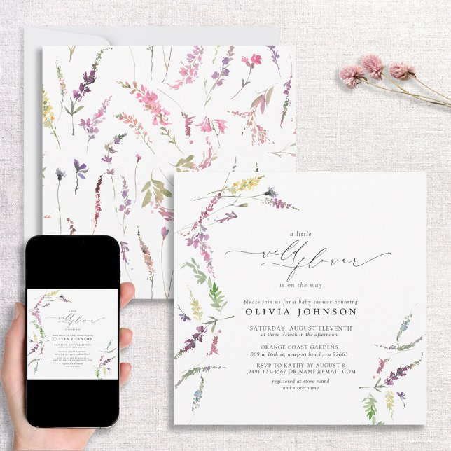 Invitation Elégant petit Fleur sauvage Script Baby shower fil (Créateur téléchargé)