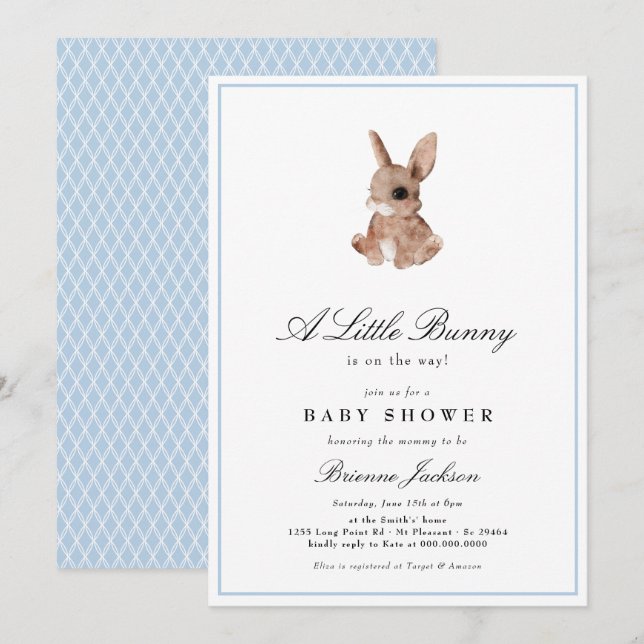 Invitation Elégant petit lapin Baby shower de garçon bleu  (Devant / Derrière)