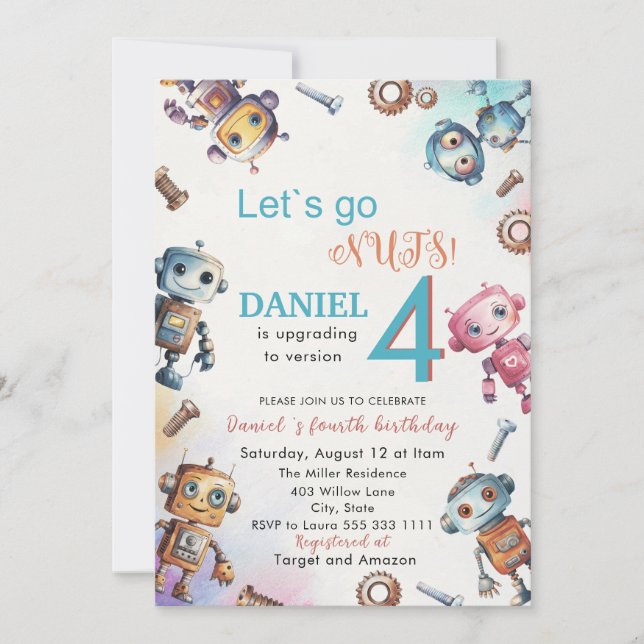 Invitation Elégant Petit Robot Aquarelle Baby Birthday Park (Devant)