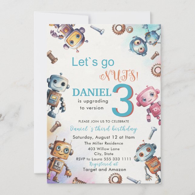 Invitation Elégant Petit Robot Aquarelle Bébé 3 Anniversaire  (Devant)