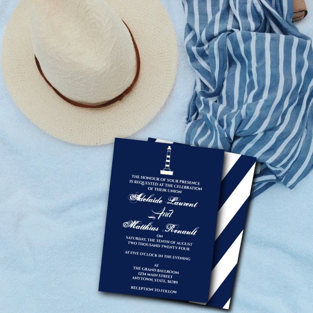 Invitation Elégant phare Mariage nautique - bleu marine, (Créateur téléchargé)