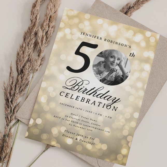 Invitation Elegant Photo 50th Birthday Party Gold Bokeh (Créateur téléchargé)