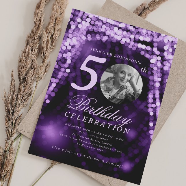 Invitation Elegant Photo 50th Birthday Purple Glam Lights (Elegant Photo 50th Birthday Purple Glam Lights Invitation)