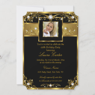 Invitation Élégant Photo Anniversaire Perle Noir Blanc Or