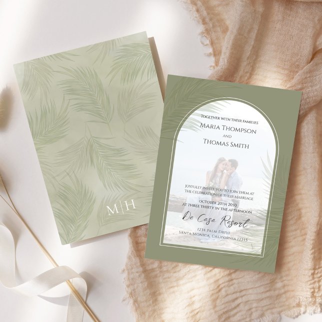 Invitation Élégant Photo Arch Boho Palm Feuille Mariage (Elegant palm leaves photo wedding invitation.)