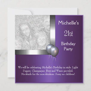 Invitation Élégant Photo Ballon Violet Argent 21e Anniversair
