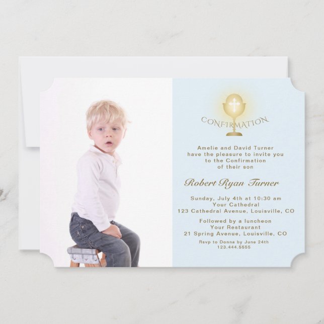 Invitation Élégant Photo Boy Gold Chalice Confirmation (Devant)