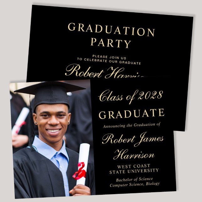 Invitation Elégant Photo College Black Graduation Party (An elegant college graduation party invitation to celebrate the graduate's achievements)