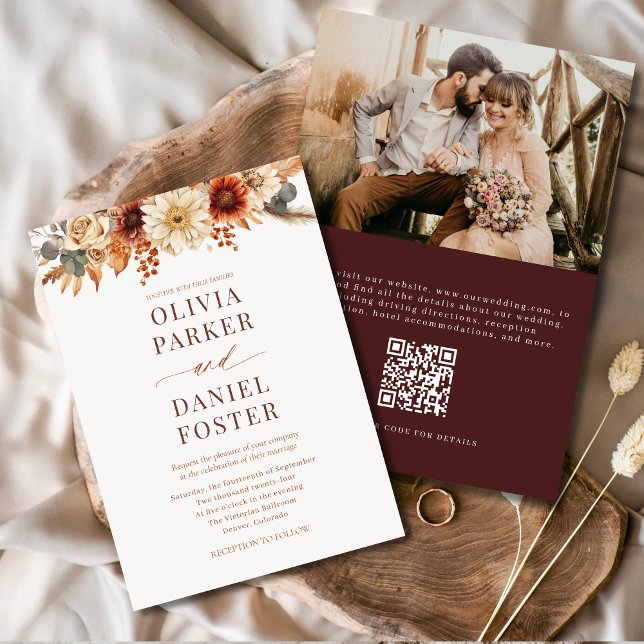 Invitation Élégant photo d'automne QR Code Mariage de automne (Créateur téléchargé)