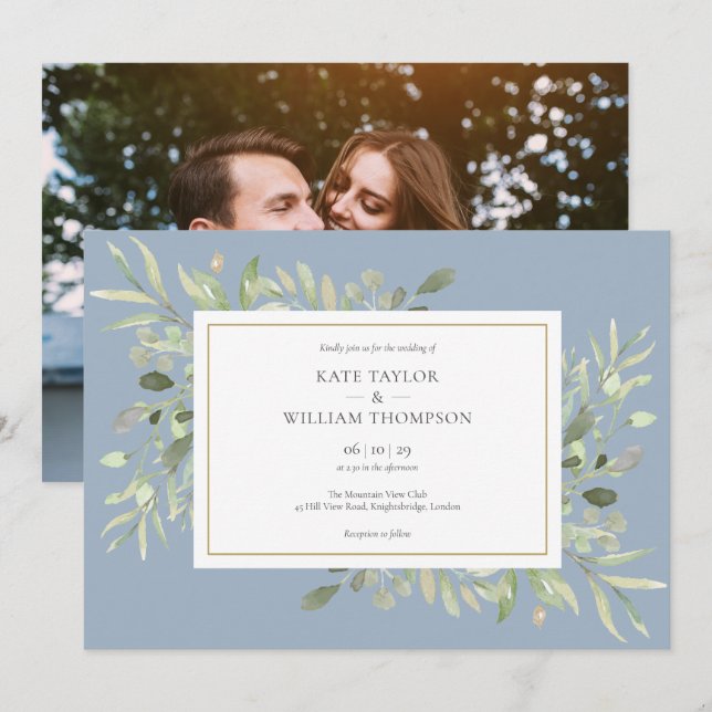 Invitation Élégant Photo de mariage avec verdure bleu poussié (Devant / Derrière)