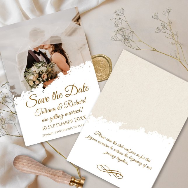 Invitation Elégant Photo & Gold Script Enregistrer le Mariage (elegant gold script save the date invitation card)